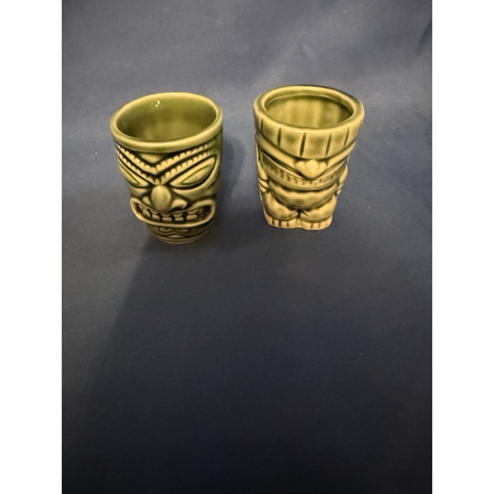 Tiki Souvenir Shot Glasses Green & Blue Unique Weigh 4 oz. Each Set of 2 Hawaii
